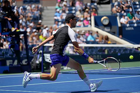 US Open 2024: Dominic Thiem, of Austria, returns a shot to Ben Shelton, of the United States
